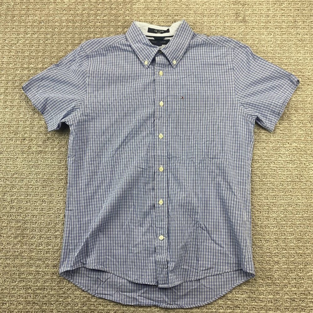 Tommy Hilfiger Shirt Men Medium M Blue Plaid Slim Fit City Poplin Button Up Logo